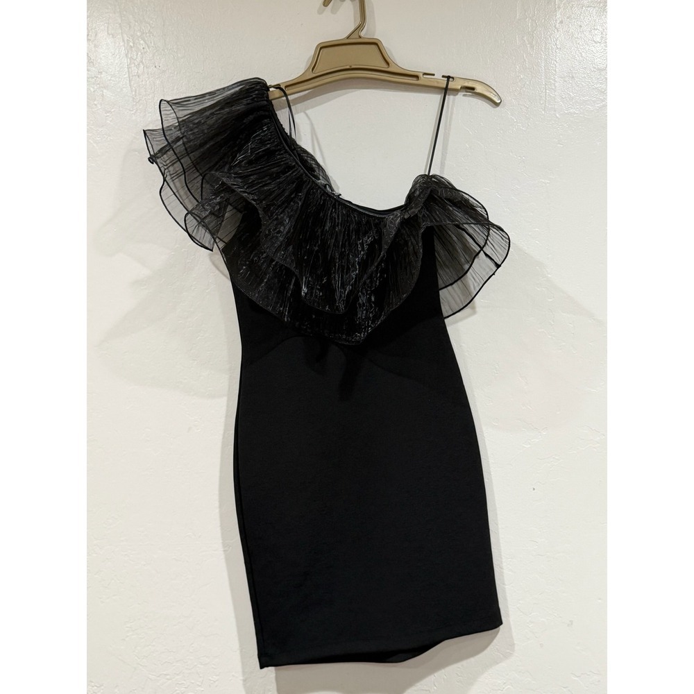 Zara Black One Shoulder Ruffle Cocktail Party Tulle Mini Dress Size S - Picture 3 of 7